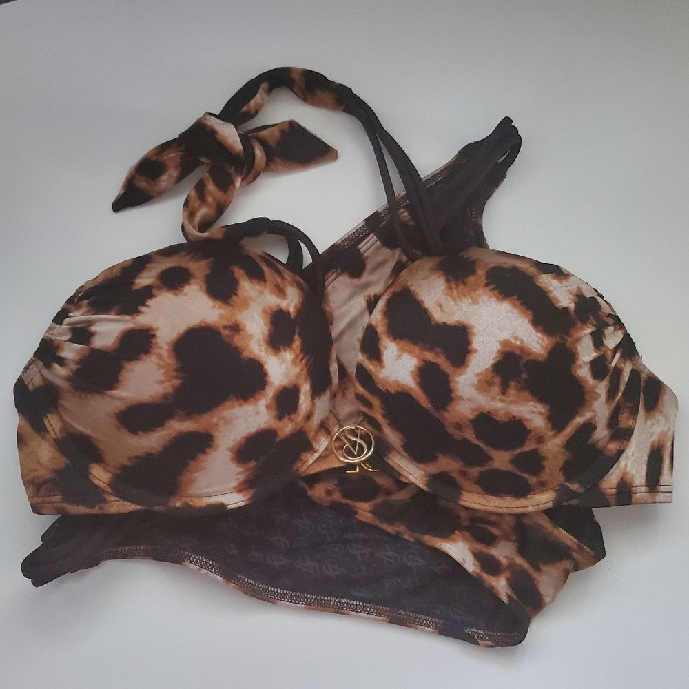 Victoria's Secret 34C M Bombshell Bikini Set Leopard Animal Print Black Brown